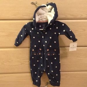 Hooded fleece polka dot bodysuit